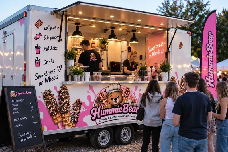 Hummie Bear lollywaffel en snoep editie, ijsfoodtruck uit Brussel, te huur via Feestkarhuren.nl