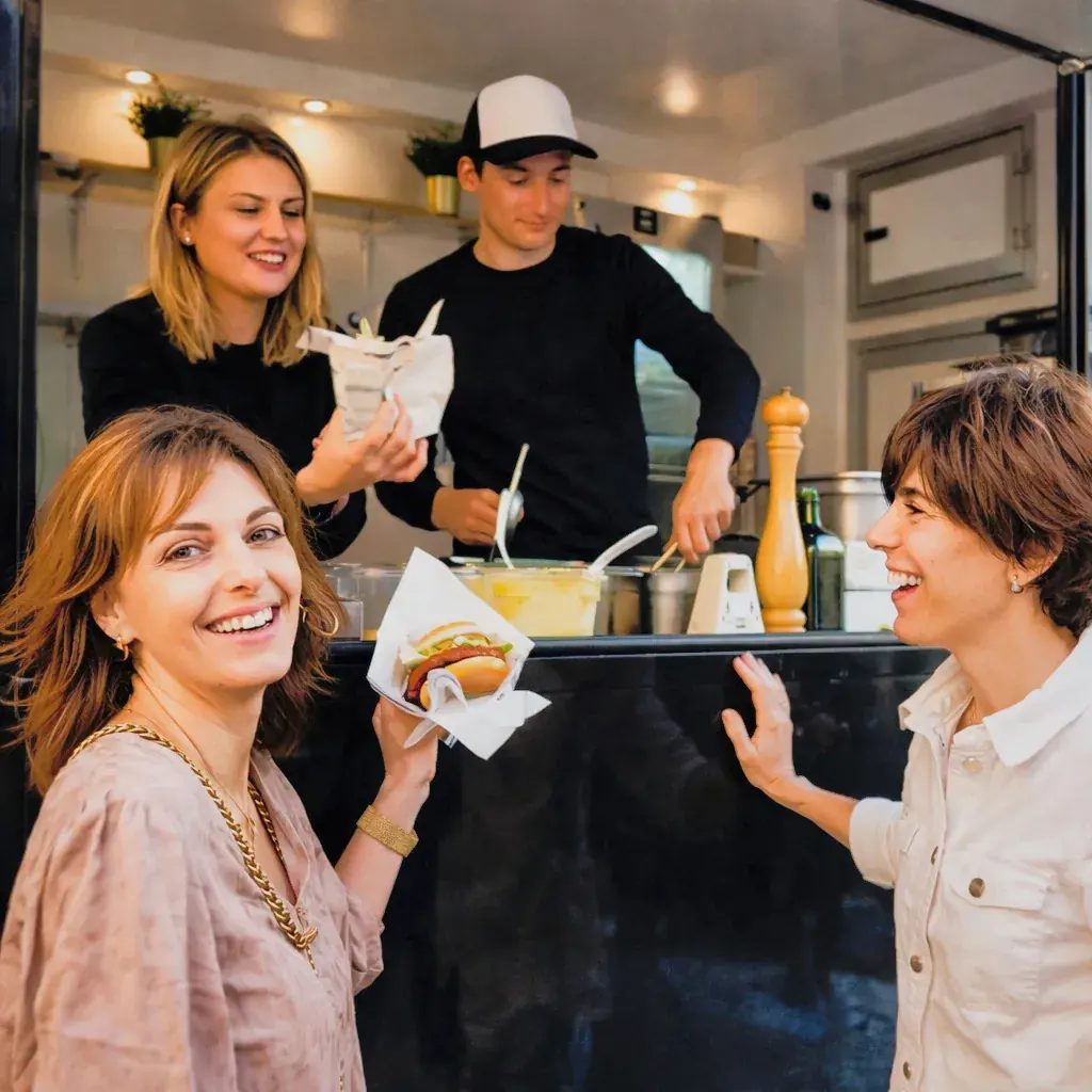 Gasten aan de foodtruck van Mezaa, te huur via Feestkarhuren.nl
