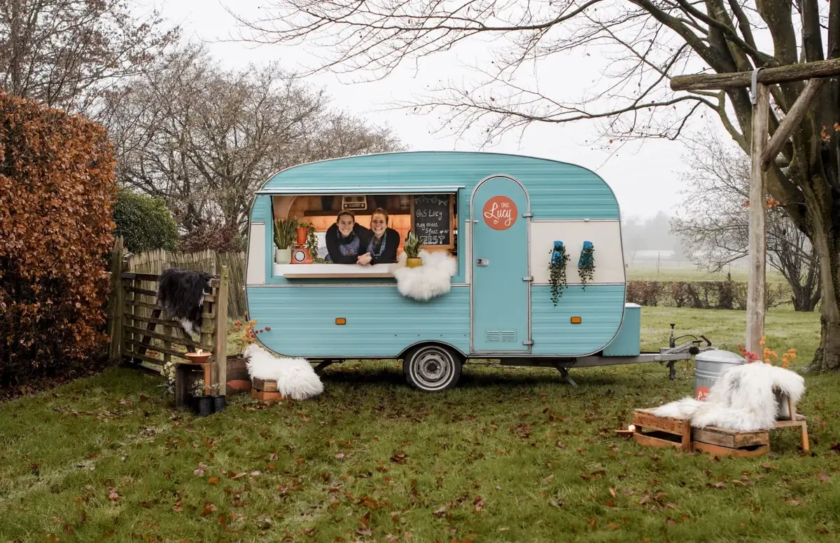 De blauwe caravan op een weide