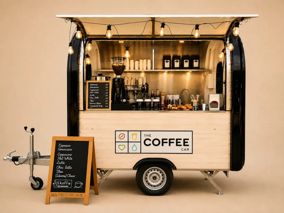 De mobiele koffietrailer van The Coffee Car, te huur via Feestkarhuren.nl