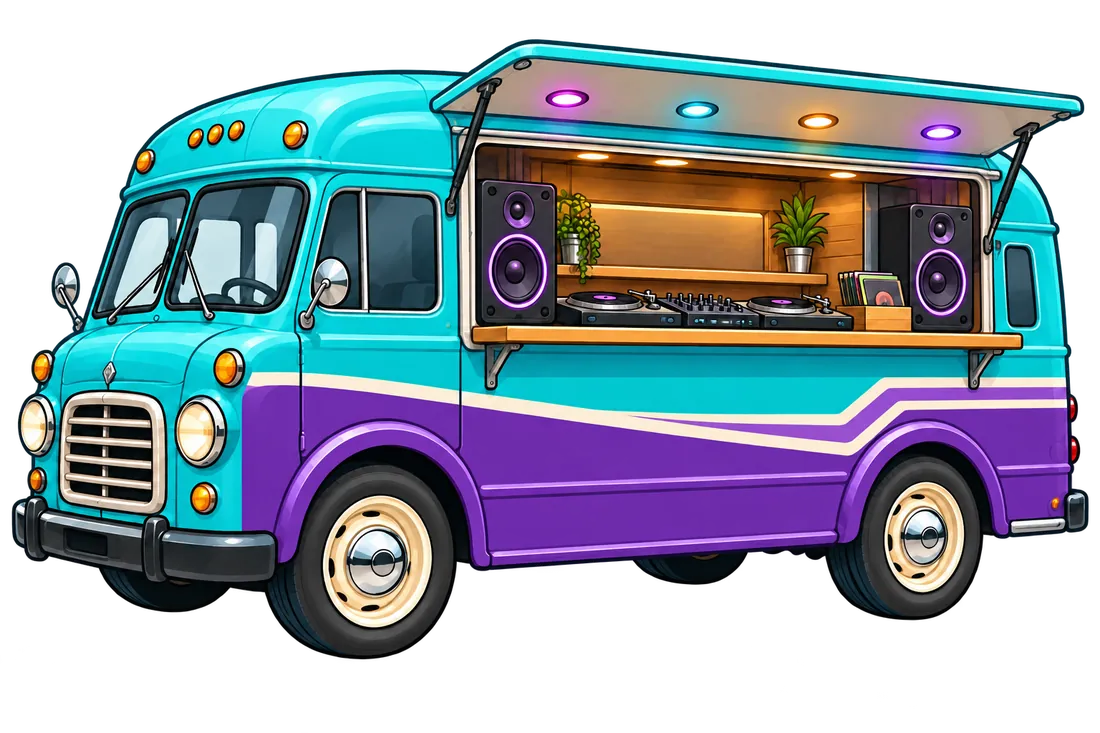 Turquoise DJ-truck met draaitafels en speakers