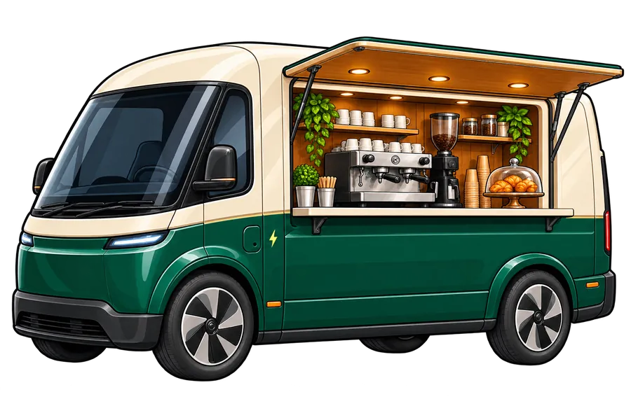 Moderne elektrische foodtruck met ledlampen en laadsymbool