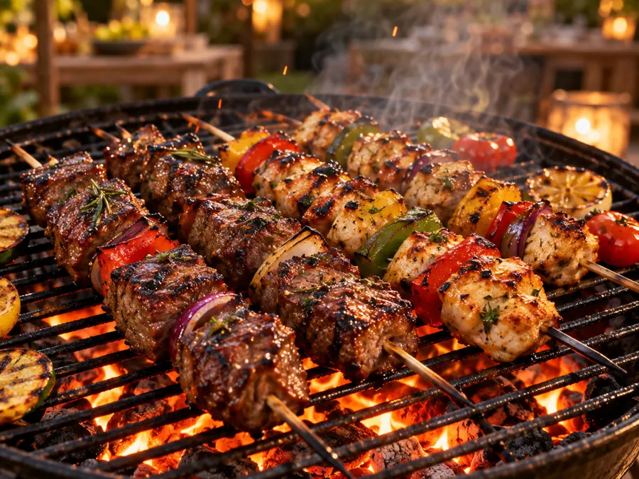 Spiesen en vlees op een rokende barbecue