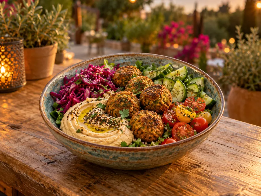 Een kom met falafel, hummus en groenten op een houten tafel
