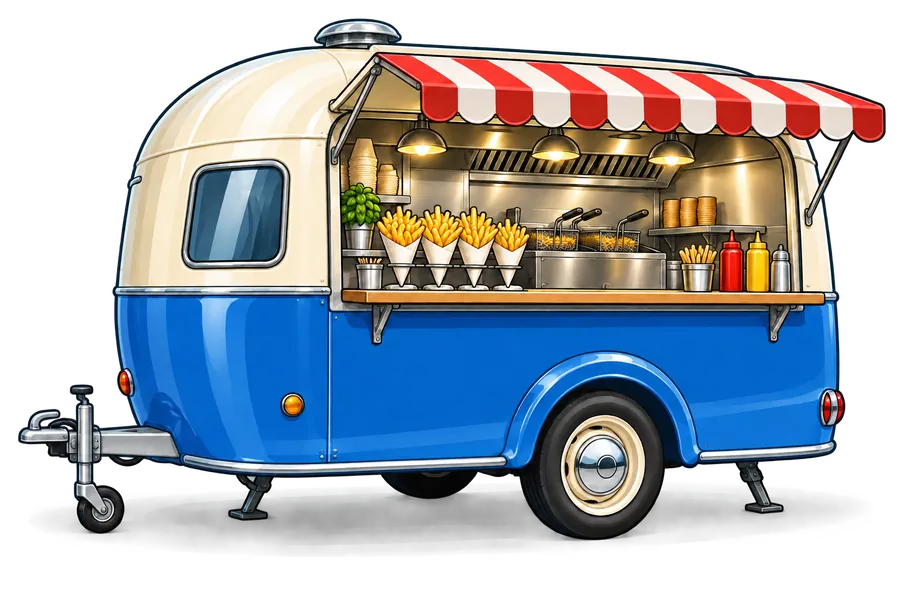 Blauwe frietcaravan met rood-witte luifel