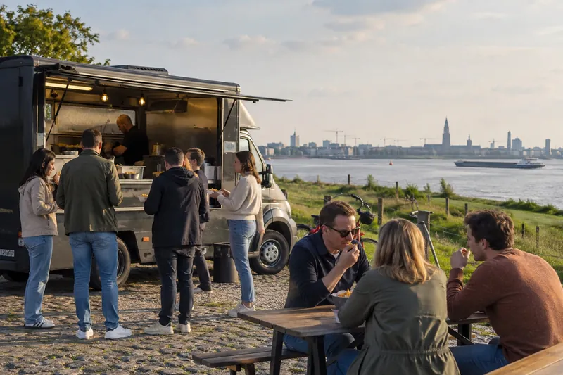 Friettruck in een Scheldepolder met dijk, Antwerpen