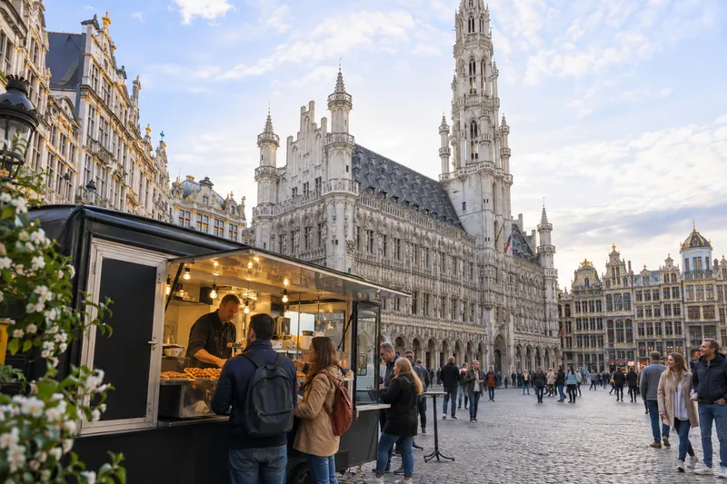 Wafeltruck op de Grote Markt met het stadhuis, Brussel