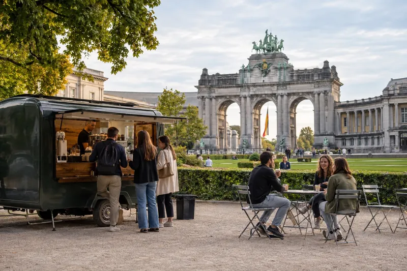 Koffiekar in het Jubelpark met de triomfboog, Brussel