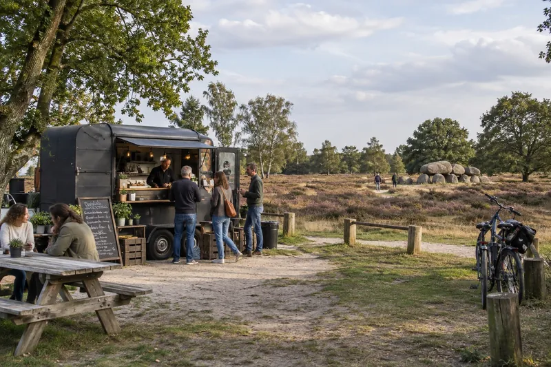 BBQ-truck bij een hunebed op de heide, Drenthe