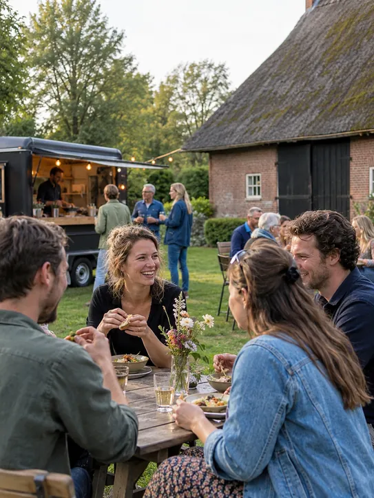 Tuinfeest bij een Saksische boerderij, lange tafel buiten, Drenthe