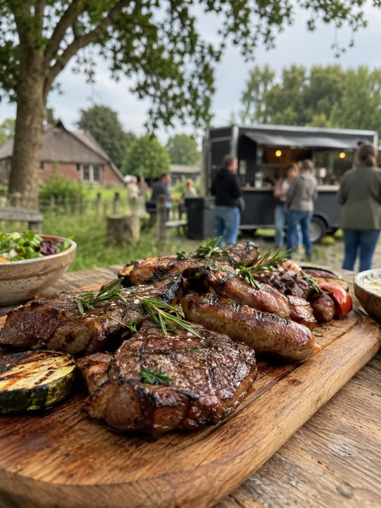 Stuk gegrild vlees op een houten plank, Drenthe