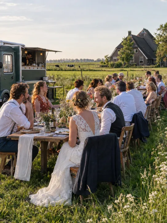 Bruiloft met een lange tafel midden in het weiland, Friesland