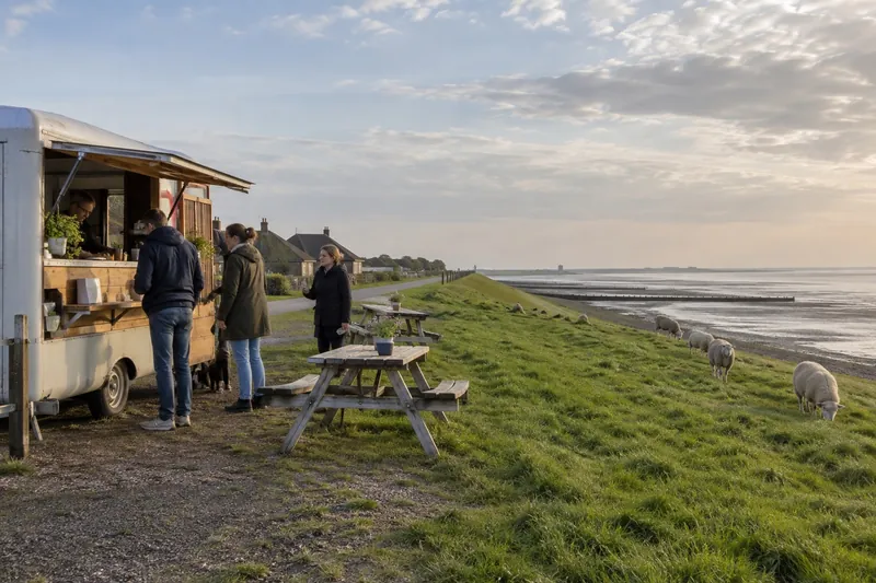 Pannenkoekentruck op de waddendijk met schapen, Groningen