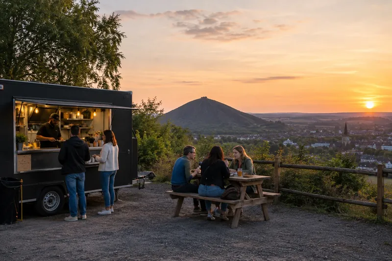 BBQ-truck bij een mijnterril bij zonsondergang, Henegouwen