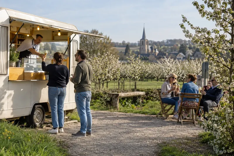 IJskar tussen de fruitbloesem in Haspengouw, Limburg