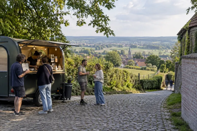 Koffiekar op een kasseihelling in de Vlaamse Ardennen, Oost-Vlaanderen