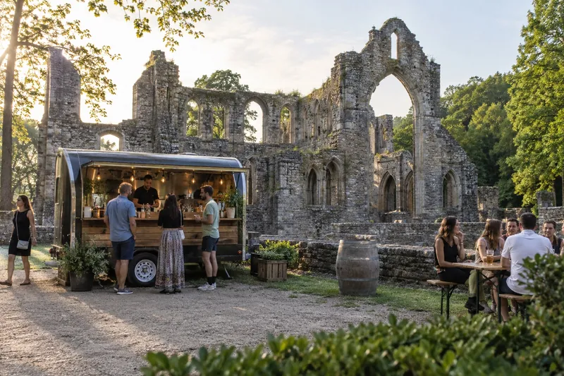 Mobiele bar bij de ruïne van de abdij van Villers-la-Ville, Waals-Brabant