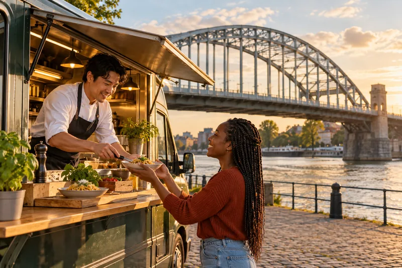 Pastatruck aan de Rijnkade in Arnhem met de John Frostbrug