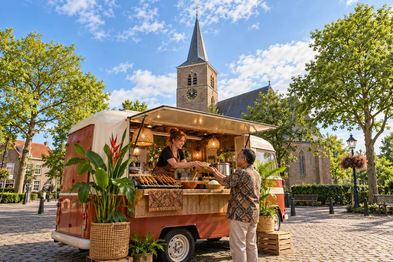 Satétruck bij de Dorpskerk in de oude dorpskern van Barendrecht