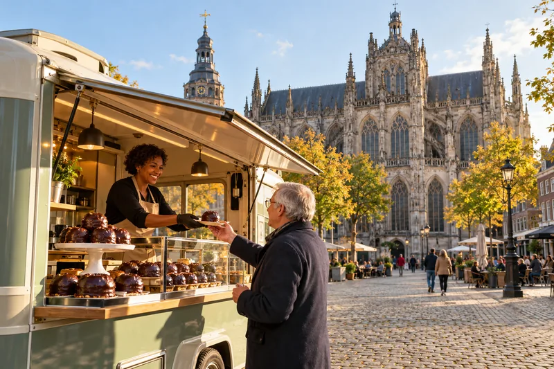 Desserttruck met Bossche bollen bij de Sint-Janskathedraal in Den Bosch