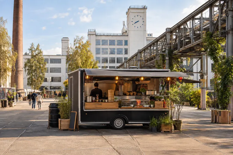 Aziatische streetfoodtruck op Strijp-S in Eindhoven met het Klokgebouw