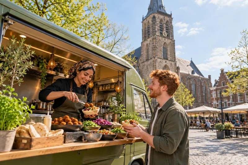 Falafeltruck op de Oude Markt in Enschede met de Grote Kerk