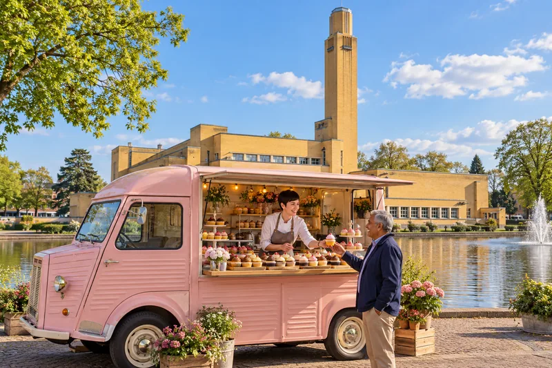 Cupcaketruck aan de vijver bij het Raadhuis van Dudok in Hilversum