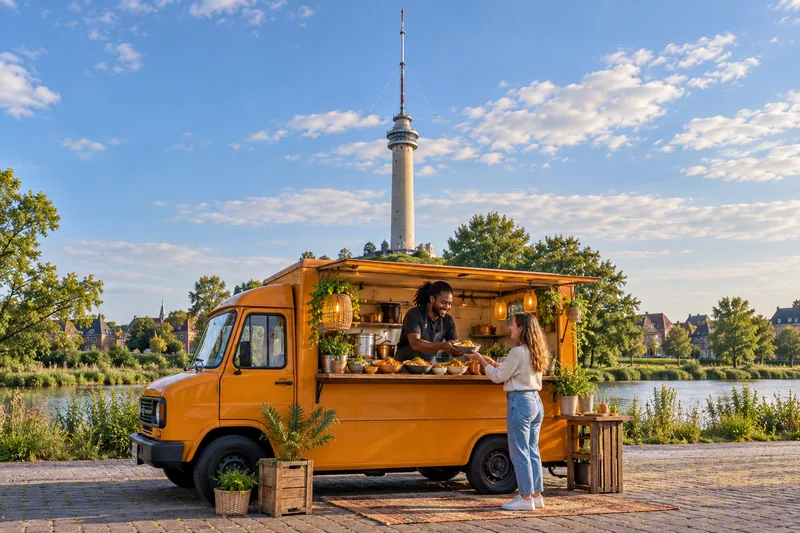 Currytruck in IJsselstein met de Gerbrandytoren op de achtergrond