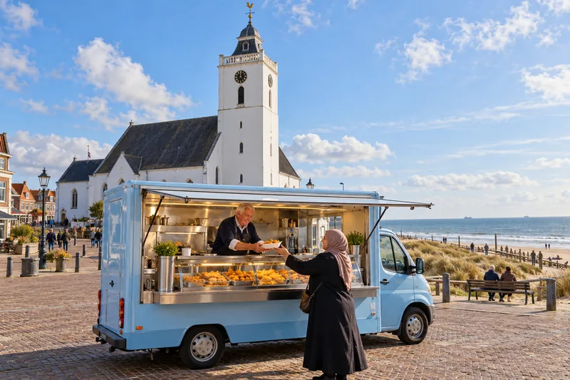 Vistruck met kibbeling op de boulevard van Katwijk bij de Witte Kerk