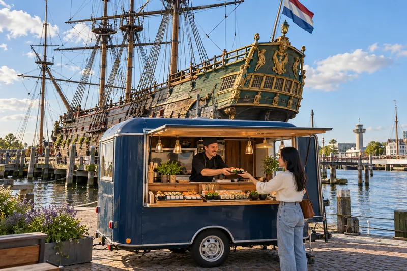Sushitruck aan het water in Lelystad met het VOC-schip Batavia