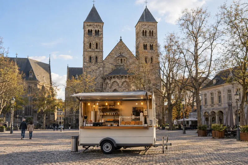 Wafelkraam op het Vrijthof in Maastricht met de Sint-Servaasbasiliek