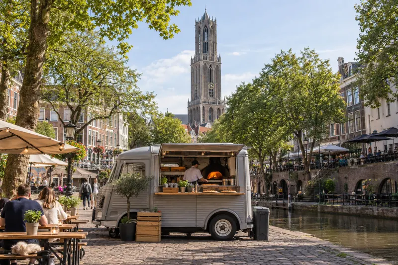 Pizzatruck aan de Oudegracht in Utrecht met de Domtoren