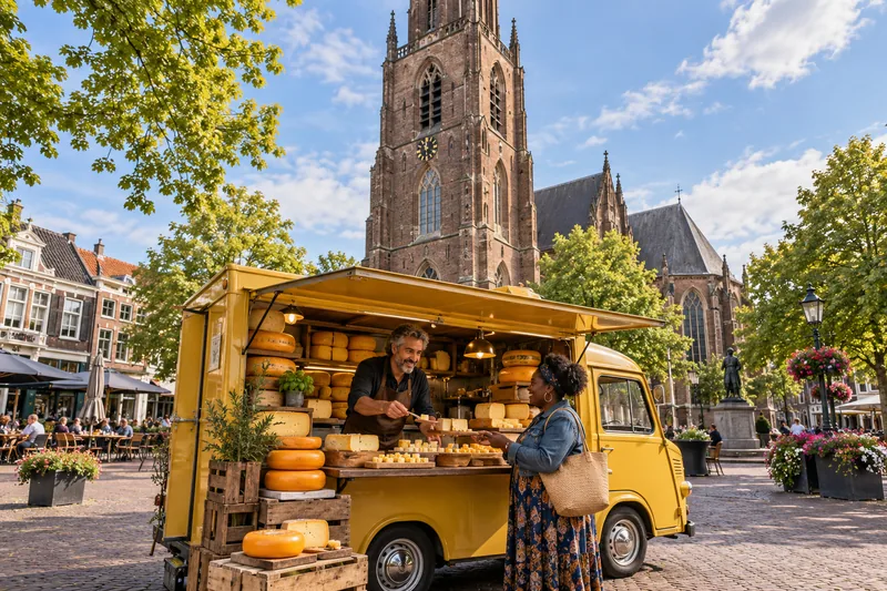Kaaskraam op de Markt in Winterswijk met de Jacobskerk